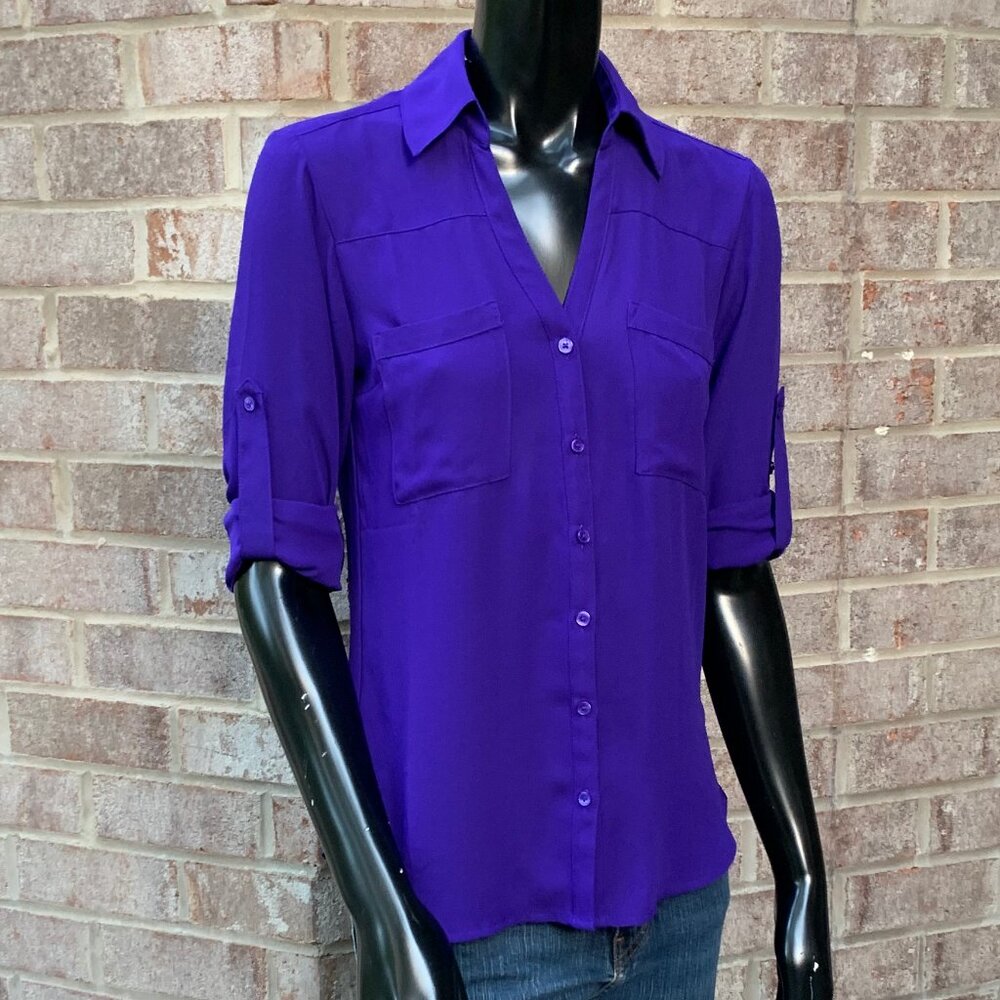 Express Portofino Shirt Slim Fit Collared Roll Up Sleeve Blouse SzS